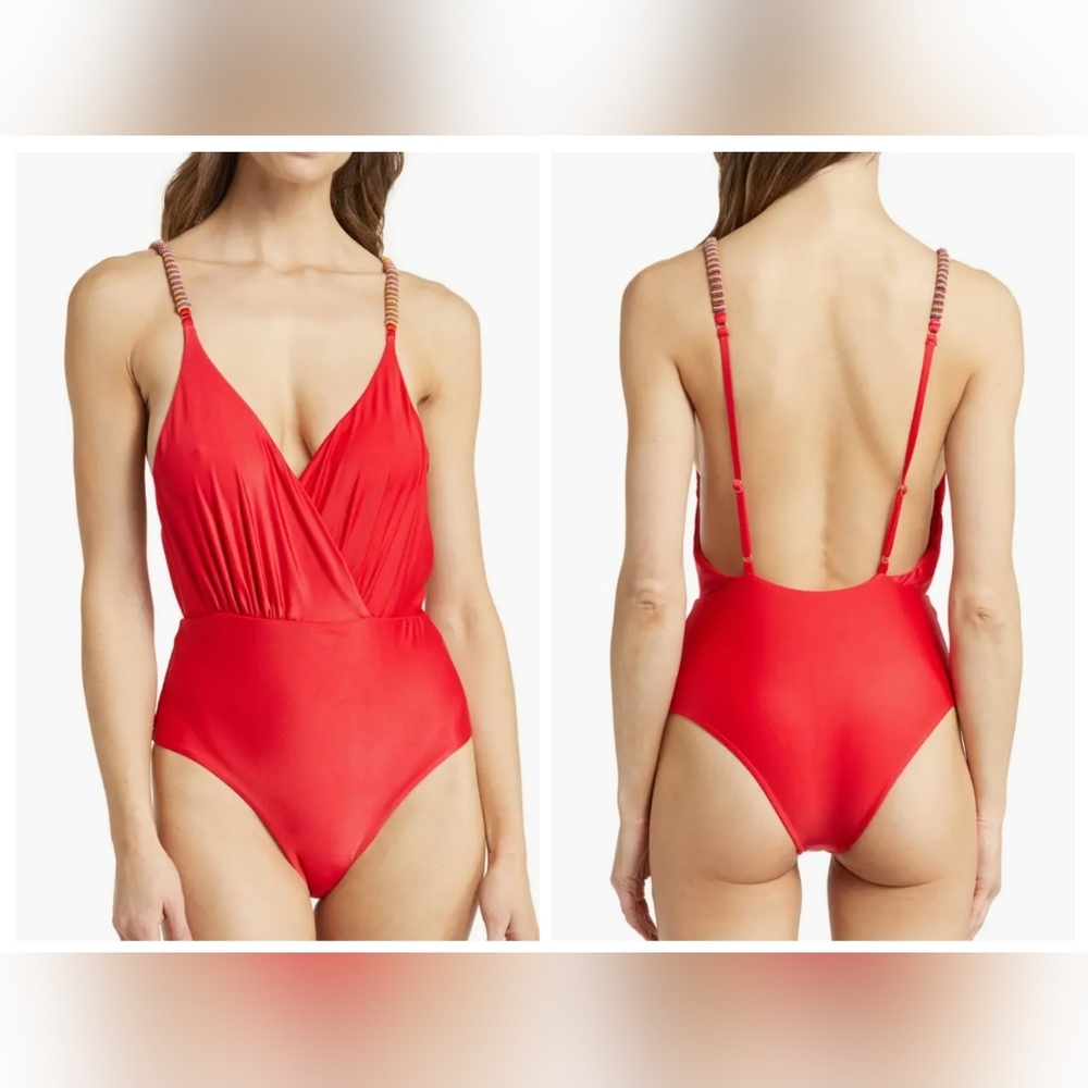 New FARM Rio Beaded Strap Plunge Neck Red Cheeky One Piece Swimsuit Size‎ L